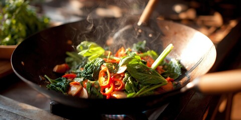 Cooking vegetables in a wok on a stove in a kitchen during the late afternoon