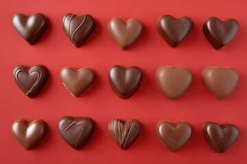 Obraz premium Assorted heart-shaped chocolates on red background