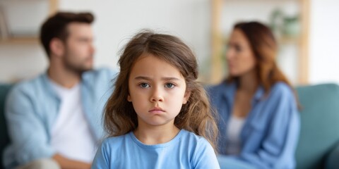 Obraz premium Sad caucasian child with parents arguing in background at home