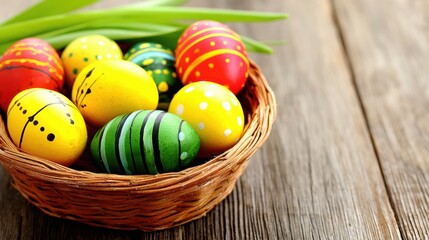 A basket filled with vibrant, multicolored Easter eggs sits on a wooden table in bright daylight, perfect for festive spring holiday designs and decorations.