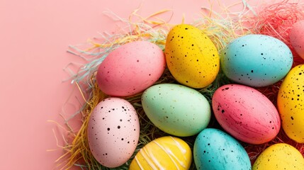 Close-up of a natural bird&acirc;&euro;&trade;s nest holding multiple brightly colored eggs, showcasing detailed textures and vibrant hues in soft daylight.