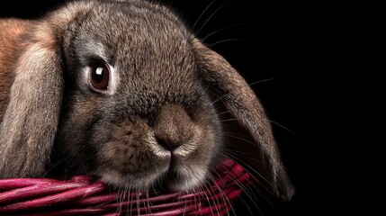 A fluffy white rabbit sits calmly inside a woven basket on a neutral background, perfect for Easter, spring, or pet-related themes and promotions.