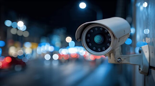 A close-up of a security camera mounted on a wall. The blurred background features night-time city lights