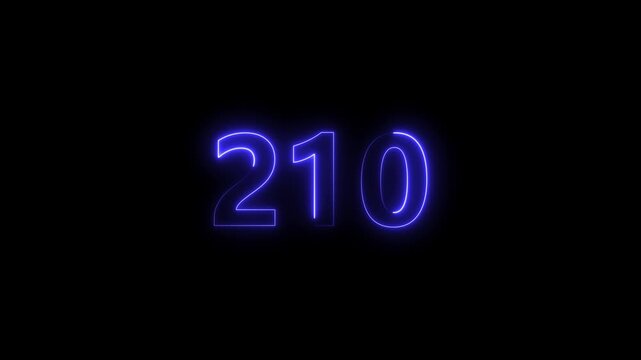 Neon number 210 glowing bright on black background 4k video..