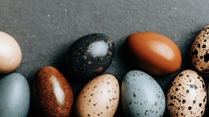 Close-up of a cluster of speckled eggs in natural tones, highlighting texture and color variations on a soft, neutral background.