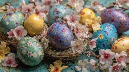 Close-up of a natural nest holding colorful painted Easter eggs surrounded by fresh spring flowers on a light wooden surface.