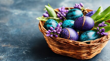 Close-up of a woven basket filled with blue and purple Easter eggs, showcasing vibrant colors and textured details on a neutral background.