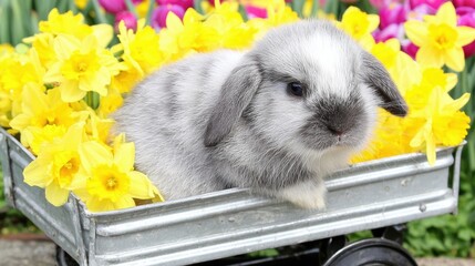 A small white rabbit sits inside a rustic metal wagon filled with colorful spring flowers, set outdoors with natural daylight and soft green background.