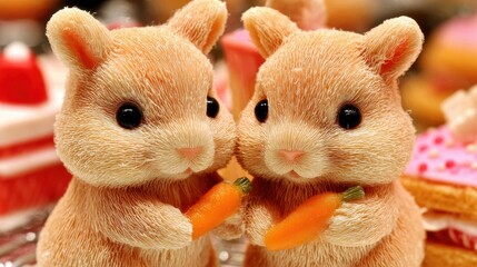 Two plush stuffed animals holding orange carrots, set against a plain white background, perfect for Easter or spring-themed designs.
