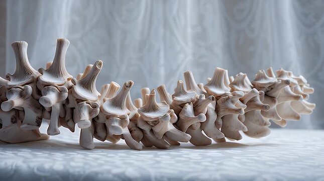 A close-up shot displays a collection of vertebrae resting on a surface. The backdrop is soft and blurred, while the spines show detailed textures