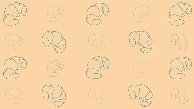Food doodle handdrawn pattern of croissants on a peach background. Perfect for kitchen decor, food blogs, menu designs, and culinary projects.