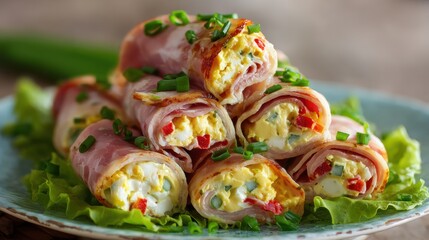 A close-up of a breakfast plate featuring sliced ham and sunny-side-up eggs on a white dish with a blurred neutral background.