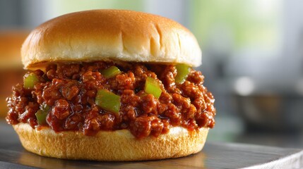Close-up of a sloppy dog sandwich with chili, sliced peppers, and melted cheese on a wooden table, perfect for casual dining or spicy food themes.
