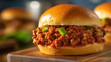 Close-up of a sloppy joe sandwich with ground beef and sauce on a rustic wooden board, showcasing vibrant colors and texture in natural daylight.