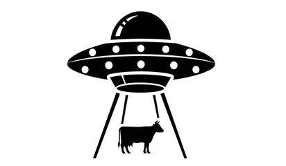 Black silhouette of a ufo abducting a cow with a simple design © Apai