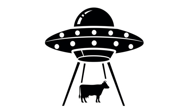 Black silhouette of a ufo abducting a cow with a simple design