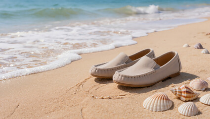 Obraz premium A pair of light-colored shoes on a sandy beach with seashells and ocean waves in the background