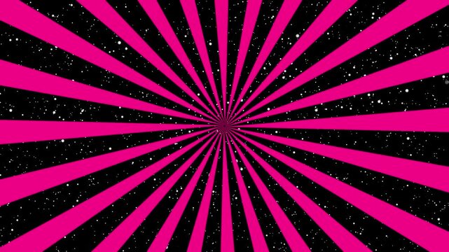 Seamless black and hot pink rotating abstract radial Sunburst with stars background loop animation. Vibrant retro dark rays with floating space dust.
