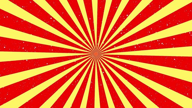 Seamless red and yellow rotating abstract radial Sunburst with stars background loop animation. Classic circus pop art rays with floating space dust