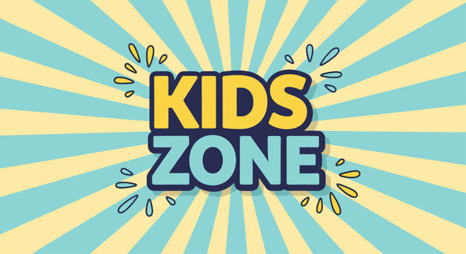 Vibrant and playful graphic featuring the text Kids Zone in bold yellow and blue letters on a matching sunburst background.