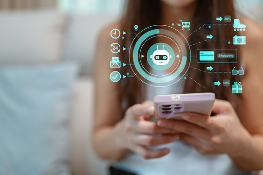 AI shopping assistant on smartphone enhancing ecommerce experience with automation, digital payment and smart customer service technology for modern online business.