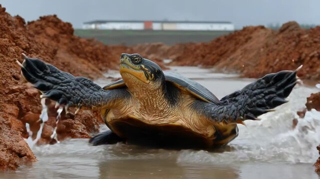 A large turtle in muddy water, with reddish-brown earth formations in the background