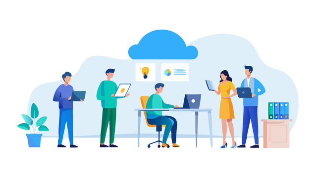 Flat vector business technology cloud computing service concept and with developer team working concept. Flat office worker with marketing, collaboration, finance, and IT meeting using laptop .vector