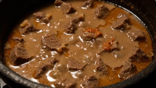 Beef Stroganoff Dish in a Black Cast Iron Pan.