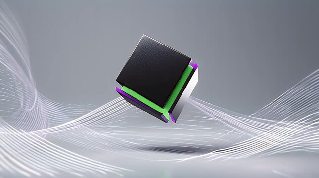 A geometric abstract composition featuring a blocky shape with contrasting colors floating on a stylized, wave-like backdrop of light lines. The overall feel is modern