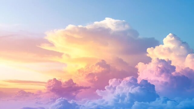 Vibrant clouds painted with pastel colors drift across a bright blue sky, creating a dreamy background.