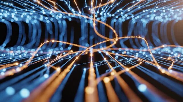 Fiber optic cables radiate dynamically in a dark, futuristic scene, perfect for technology themes in digital marketing or presentations.