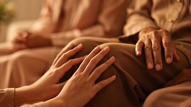 Elderly person being comforted by a caring hand on their knee.