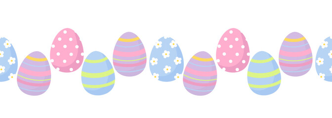 Cute Easter repeated  border with decorated colorful eggs. Perfect for spring holiday decorations. Flat vector illustration.
