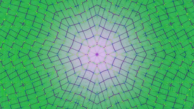 Geometric pattern of interlocking purple and green tiles forming a mosaic design with a central focal point