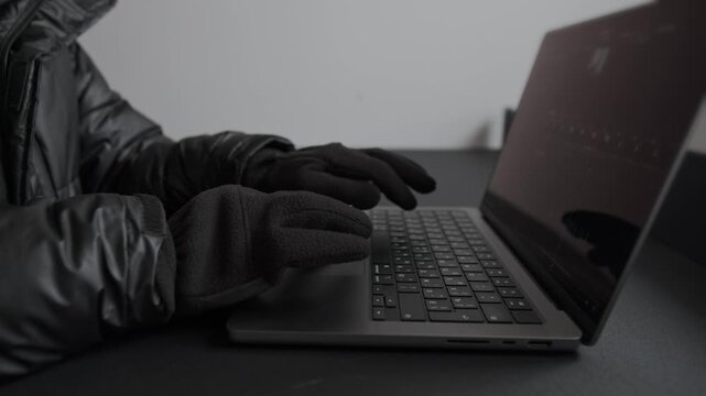 Remote work during crisis, close up of gloved hands typing on laptop in cold home environment