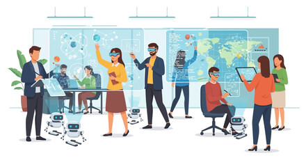 Diverse team collaborating in a modern office with technology.