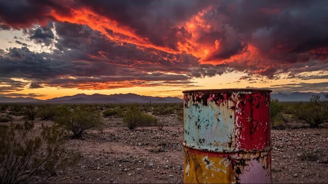 A rusty barrel against a vibrant sunset in a desert landscape.
