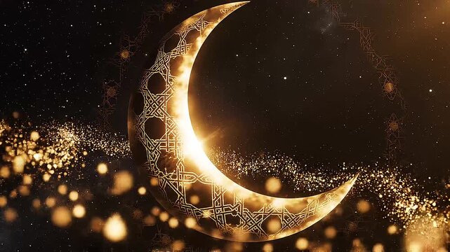 Golden Crescent Moon with Subtle Islamic Geometric Patterns in Dark Space Background
