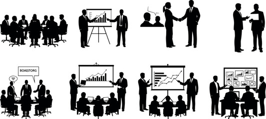 Obraz premium Business Team Meeting Silhouette Collection Corporate People Conference Presentation Handshake Brainstorming Strategy Planning Office Collaboration Vector Set