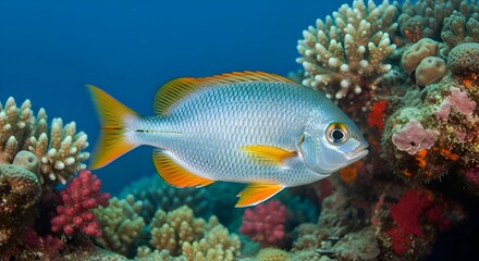 Colorful Tropical Reef Fish Swimming Over Vibrant Coral Reef Underwater