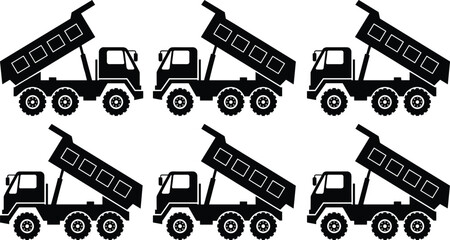 Dump Truck Silhouettes Collection with Raised Bed Isolated on White Background Construction Vehicle Vector Illustration Set © Saya Stock