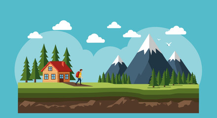 Fototapeta premium A lone hiker with a backpack walks away from a cozy house towards majestic snow-capped mountains under a bright blue sky with fluffy clouds.