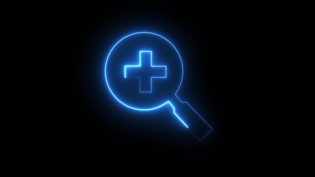 Glowing neon magnify glass search icon with plus icon animation. Magnifying glass icon with plus isolated animation .Search Bar and Magnifying Glass Icon