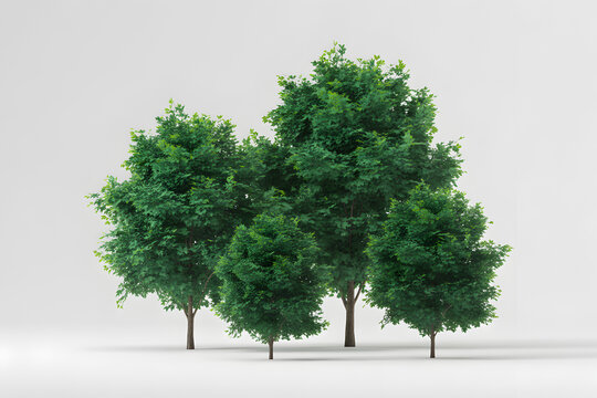 "Group of Four Small Green Trees on Neutral Background &mdash; Landscape Visualization and Architectural Model Foliage"