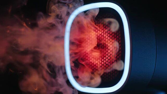 Close-up of a finger interacting with a sleek, glowing red LED device featuring hexagonal patterns, suggesting modern tech or user interface.