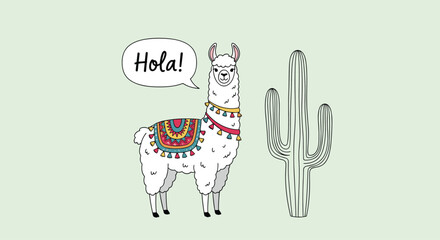 Obraz premium Adorable llama wearing a colorful traditional blanket standing next to a cactus with a speech bubble saying hola in Spanish.