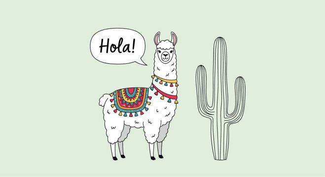 Adorable llama wearing a colorful traditional blanket standing next to a cactus with a speech bubble saying hola in Spanish.