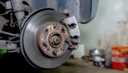 Close-up view of a car's brake rotor and caliper assembly during maintenance or repair, highlighting mechanical components