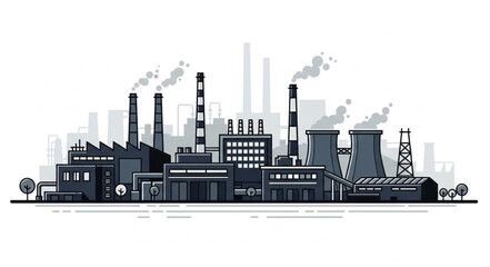 Obraz premium Industrial complex illustration depicting factories and smokestacks emitting pollution into the atmosphere.