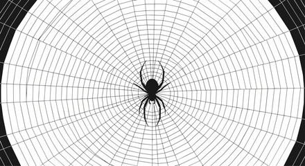 Obraz premium Black spider silhouette positioned in the center of a large and intricate spider web with a radial design on a white background.